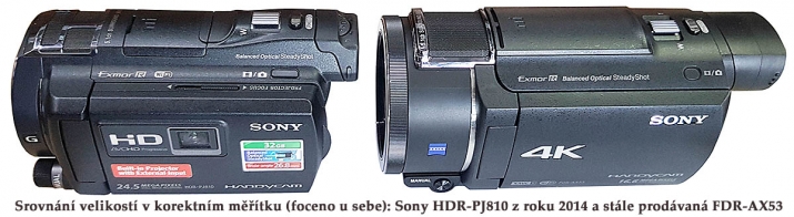 Sony HDR-PJ810 a FDR-AX53 - srovnání velikostí strojů